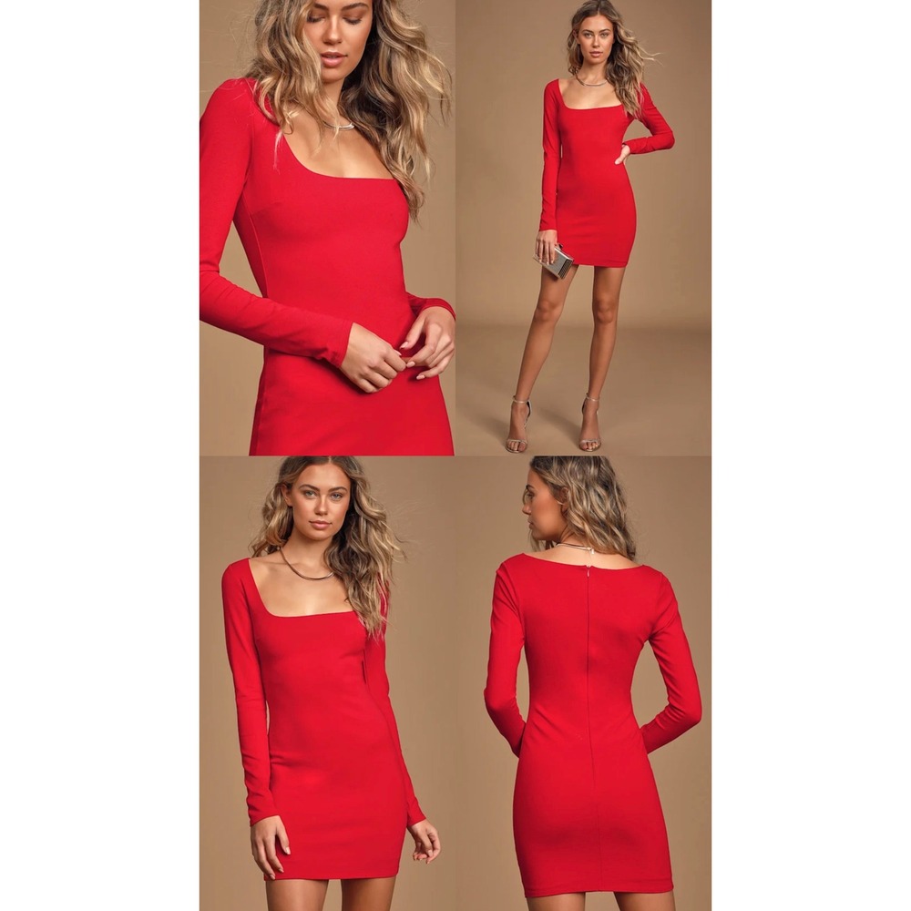 Lulus Red Square Neck Long Sleeve Bodycon Mini Dress Small
